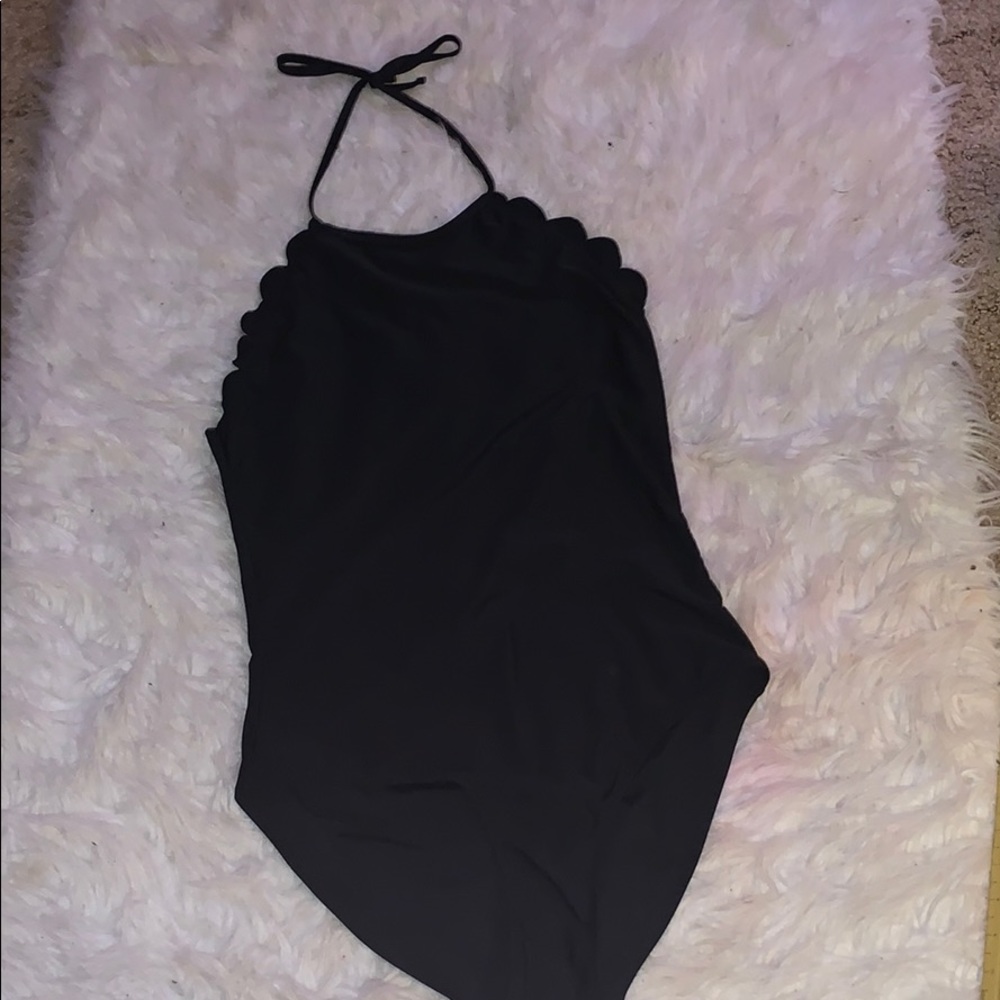 black ruffle one piece swimsuit